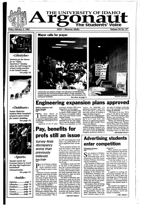 Mayor calls for prayer; Engineering expansion plans approved; Pay, benefits for profs still an issue: Survey finds discrepancy worse than previously believed; Advertising students enter competition; Team Idaho unifies Greeks (p3); Student receives photo of dead body; Csomic dust gives clue to formation of universe: Visiting professor talks about optical properties of microscopic material (p6); Wolves found dead in Idaho (p14); Tormey snags 16 players - 13 freshmen (p15); Cravens dreams of conference championship (p15);