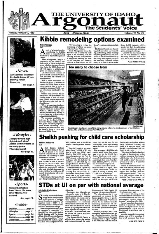 Kibbie remodeling options explained; Sheikh pushing child care sponsorship; STD's at UI on par with national average; Greeks learn leadership skills at order of omega conference; A conversation about our forests with Dr. David Adams (p3); Clinton draws distinction between reputation and character (p6); Sawyer Brown returns to Kibbie dome (p11); Boston gives name to the game (p11); Writing center offers help for all students (p12); Vandals play re-run vs. UM, then upset MSU (p14); 1994-95 season has been a tale of two halves (p15);
