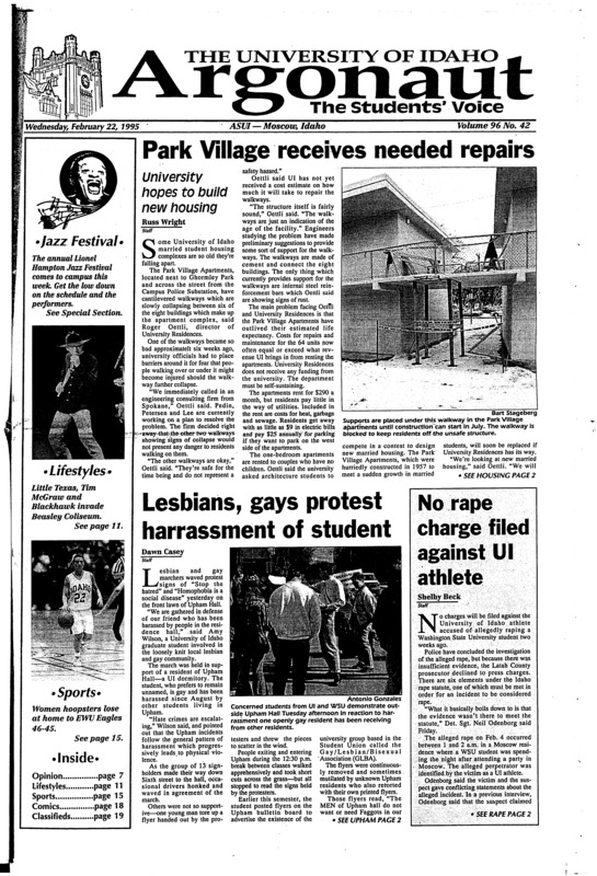 Park village recieves needed repairs: University hopes to build new housing; Lesbians, gays protest harrasment of student; No rape charge filed agaisnt UI athlete; Clinton seeks to restructure Student aid with new budget plan (p2); Behind the scenes at the Jazz festival (p2); Student leaders discuss proposed university center (p6); Road to postseason bumpy for UI (p15); Vandals extend streak, teach eagles lesson (p17);