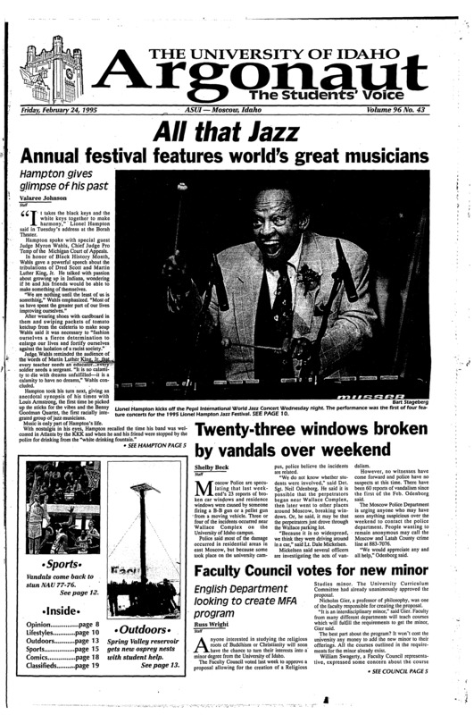 All that Jazz Annual festival features world's great musicians:Hampton gives glimpse of his past; Twenty-three windows broken by vandals over the weekend; Faculty council votes for new minor: English department looking to create MFA program; IOWA case may change child abuse definition (p2); New york cops must take gun refresher course after shooting (p2); College of law offering free tax assistance (p3); Agricultural products join petroleum in plastic production (p3); Delta sigma phi fraternity faces two year alcohol probation (p6); Jazz-great signs seven-album contract (p6); Hampton, UI musicians dazzle audience (p10); Ellis, Mussolini, international musicians perform (p10); Student volunteers improve spring valley (p13); Vandals get jacked in flagstaff, 71-66 (p15); Leslie lifts UI to 76-75 win (p16);