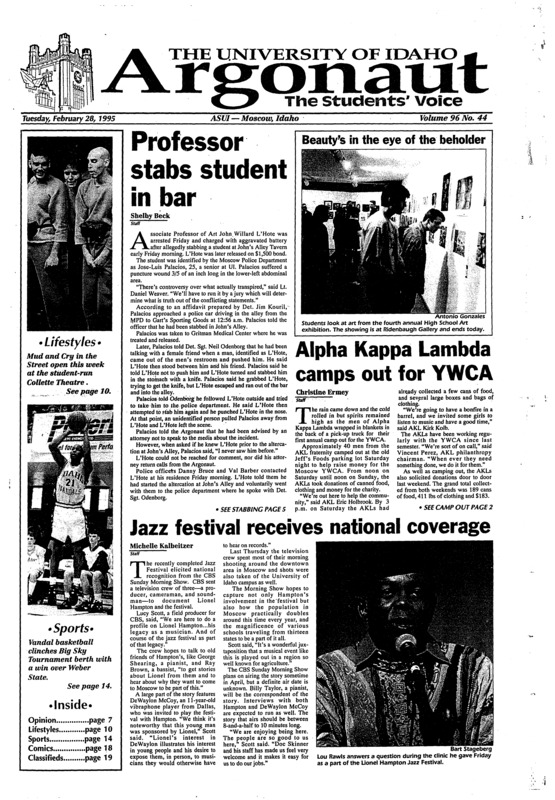 Professor stabs student in bar; Alpha Kappa Lambda camps out for YWCA; JAZZ festival recieves national coverage; Law student chooses wheat field over big city (p3); Former GSU coach sues university (p5); Moose killed at UA after second attack (p6); Hampton and friends end festival with marvelous music (p12); All-star concert fast-paced as always (p13); Vandal-5 knock off wild cats (p14); Spike plays role as vandal team shrink (p16);