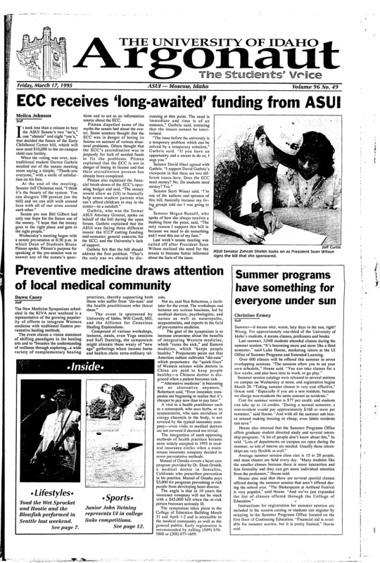 ECC recieves 'long awaited' funding from ASUI; preventive medicine draws attention of local medical community; Summer programs have something for everyone under sun; Greeks spend time with elementary students: Children and volunteers both benefit from 'Adopt-a-school' (p3); Changes in drop/add, repeating courses policy recommended (p5); Kappa vandal comes forward (p5); Tennis team aces Purdue, Nevada (p11); Late start doesn't stop Twining's success (p12);