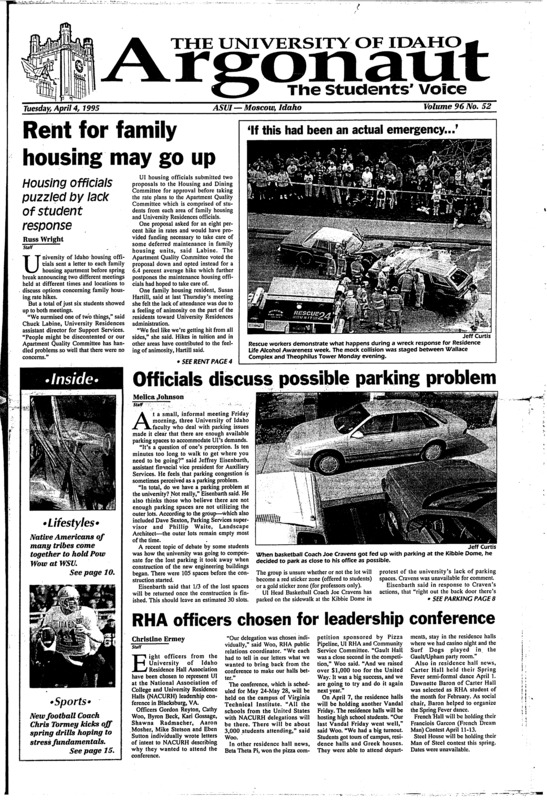 Rents for family housing may go up: Housing officials puzzled by lack of student response; Officials discuss possible parking problem; RHA officers chosen for leadership opprtunities; Argonaut ad staff wins natinoal awards (p2); Students enjoy new scholars' residence (p5); Republican education cuts could face presidential veto (p6); Gunmen fire on Pakistani crowd (p8); Pow wow unites native Americans (p10); Annual spring drills kick off today (p15); Golfers finish 15th in tough Hawaii field (p15);