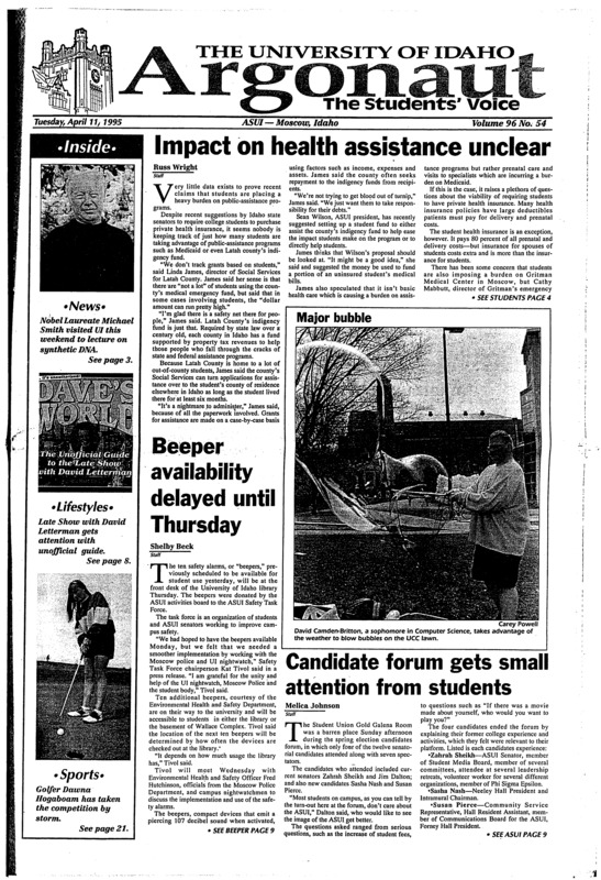 Impact on Health assistance still unclear; Beeper availability delayed untill thursday; candidate forum gets small attention from students; Nobel laureate Smith describes his DNA search (p3); Stanford's speech code overturned by state supreme court (p9); UI professor wis writing award (p17); Tormey pleased with effort: Players get first live action in spring scrimmage (p18); UI's phillips sets championship goals (p22); Vandal women knock off Griz (p23);