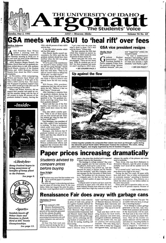 GSA meets with ASUI to 'heal rift' over fees; paper prices increasing dramatically: Students advised to compare prices before buying; Renaissance fair does away with garbage cans; Universities get their fill of hunger strikes (p4); Ivy league student poses for playboy on impulse, as study break (p6); Silver and Gold get defensive: Split squad allows only two scores in final scrimmage (p13); Vandals finish third in big sky championships (p15); Puckett finding success after volleyball (p16);