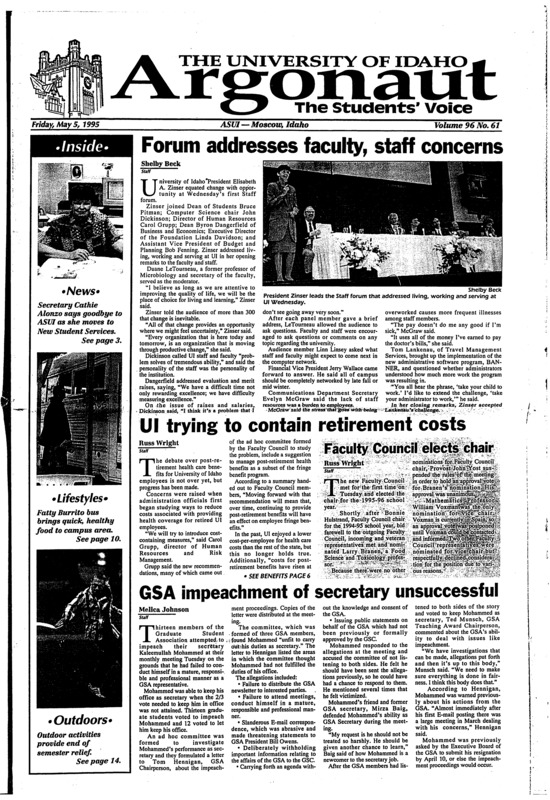 Forum addresses faculty, staff concerns; UI trying to contain retirement costs; Faculty council elects chair; GSA impeachment of secretary unsuccessful; Legacy at Kent state lives on 25 years later (p4); Jacksonville state shooting often forgotten (p4); Gina Grant case sparks national debate (p6); UI spikers qualify for U.S teams (p17); Hay produces success on limited time (p18);