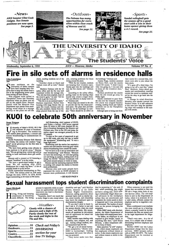 Fire in silo sets off alarms in residence halls; KUOI to celebrate 50th anniversary in November; Sexual harassment tops student discrimination complaints; Fraternities help YWCA (p3); Clint Cook announces resignation from senate (p3); Beta Theta Pi fraternity wins awards (p4); Clinton meets with former Wyoming governer, ranchers (p5); Daughter says Defense ministry confirms father alive (p9); Roadrunners no match for vandals (p18); Big sky falters in week one (p19);