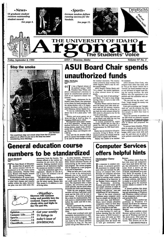 ASUI board chair spends unauthorized funds; General education course numbers to be Standardized; Computer services offers helpful hints; ASUI senate funds one big party (p3); Agroforestry conference hosted by UI (p4); Boise state library expansion project ready for dedication (p5); Skansi's NFL experience helps Vandals (p12); Vandal men open season at Colarado St. (p13);