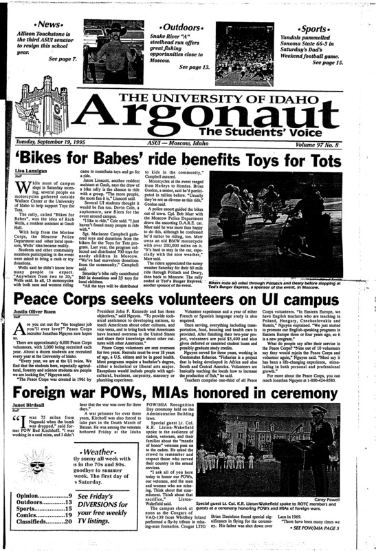 Bikes for babes' ride benefits toys for tots; Peace corps seeks volunteers on UI campus; Foreign war POW's, MIAs honored in economy; Local chapter receives national Alpha Kappa Lambda awards (p3); parking problems plague pedalers (p4); Clinton indicates support for Dole welfare plan (p7); Idaho trounces Sonoma in home opener (p15); vandal spikers take classic title (p15);