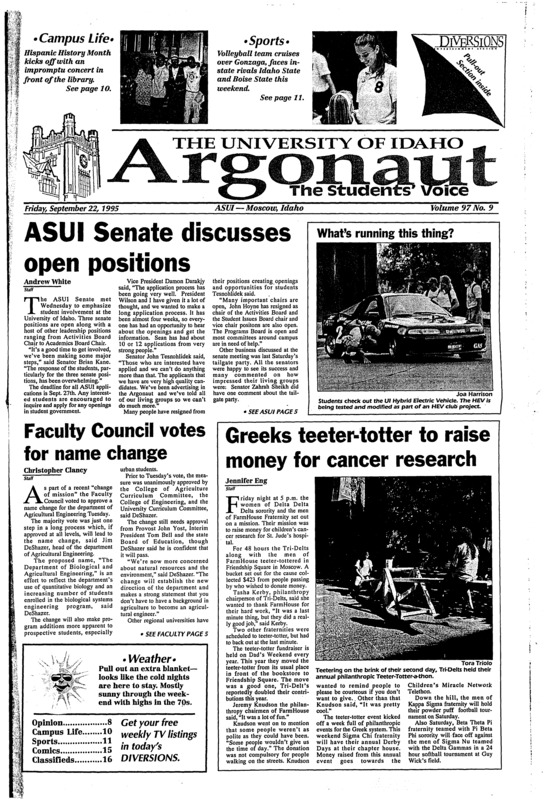 ASUI senate discusses open positions; Faculty council votes for name change; Greeks teeter-tooter to raise money for cancer research; Monk eases students' spirits (p3); Clinton warns veto of Species act overhaul (p4); Vandals drops Zags, open Big sky tonight (p11); May back at Idaho after shot at NFl (p12);