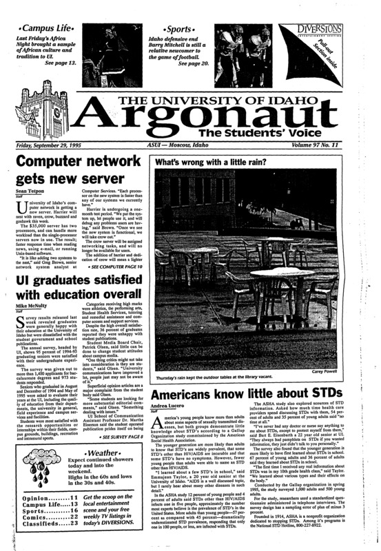 Computer network gets new server; UI graduates satisfied with education overall; Americans know little about STDs; Senators prepared for floor fight on resumed navy dumping (p7); Taxes, timing, politics work against mariners in Olympia (p10); Turnout of 300 marks Africa night (p13); Undefeated Idaho state up next for UI (p16); mitchell gets defensive with UI opponents;
