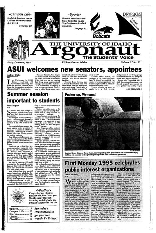 ASUI welcomes new senators, appointees; Summer session important to students; First monday 1995 Celebrates public interest organizations; Vandals look to declaw Bobcats (p11);