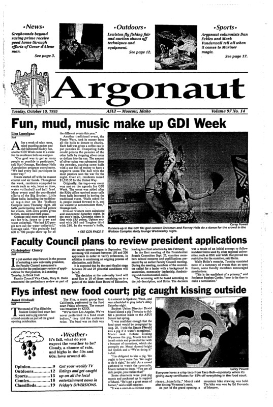 Fun, Mud, Music make up GDI week; Faculty council plans to reveiw President applications; Flys infest new food court; pig caught kissing outside; Police still searching for evidence in student murder case (p3); Pi Beta Phi raises money for Philanthropy (p4); Perry cites 'red line' on russian role in Bosnia peace force (p5); Idaho crumbles in Bozeman to go 1-3 (p15); Idaho earns split on road, falls at Weber, beats NAU (p16);