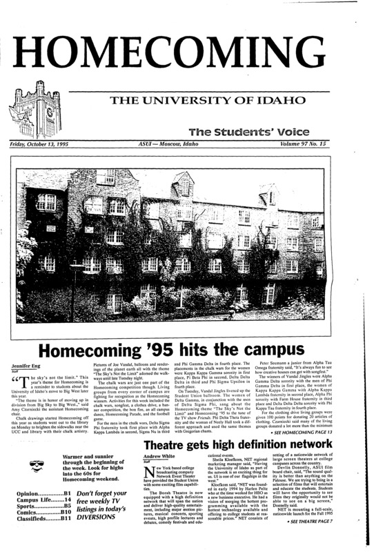 Homecoming '95 hits the campus; Theatre gets high definition network; Greeks advocate health issues, alcohol awareness (p3); New English class develops thought process (p4); ASUI senate breaks record (p8); Defense bill just a warm-up for abortion foes (p13); Eagles scream into Dome for homecoming (pB5);