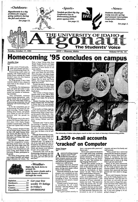 Homecoming '95 concludes on campus; 1,250 e-mail accounts 'cracked' on computer; Baton rouge rally joins with 'Million man march' in D.C.(p3); Referendum seen as a public relations ploy by Saddam (p6); Hisaw leads Idaho to first big sky victory (p15); Midnight madness invades memorial gym (p15); UI extends winning streak to 41 (p16); Mariners could stay in Seattle afterall (p17);