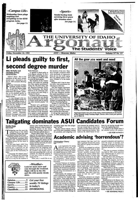 Li pleads guilty to first, second degree murder; Tailgating dominates ASUI candidates Forum; Academic advising 'horrendus'?; Survey will measure drug, alcohol use by students (p3); UI chooses AT&T, vandal cards stay on hold (p4); Delegates discuss experiences as members of U.N. forum (p5); ASUI senate hosts open house as elections draw near (p7); Vandals hope to declaw Northern IOWA (p14); Idaho faces MSU, UM on road (p15);