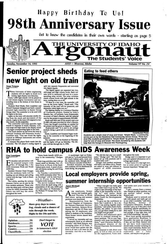 Senior project sheds new light on old train; RHA to hold campus AIDS awareness week; Local employers provide spring, summer internship oppurtunities; UI alumnus still inventing 'doodads' (p4); UI kicker leads Vandals to win (p25); Regular season concludes with sweep in Montana (p26);