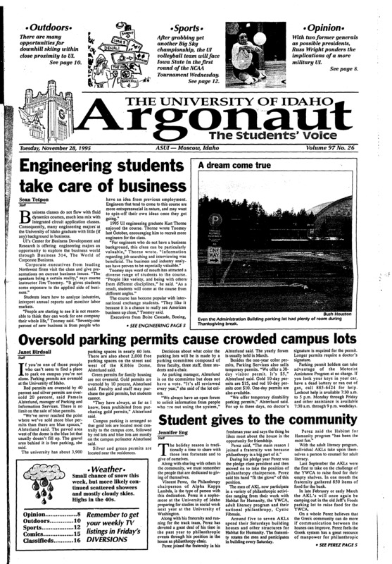 Engineering students take care of business; Oversold parking permits cause crowded campus lots; Student gives to the community; Ireland legalize divorce with close vote (p4); Norway's mysterey boy identified as German runaway (p6); Bulgarian looks to become all-American (p7); Idaho faces IOWA in NCAA tourney (p12); Vandals get lassoed by top-ranked cow boys (p12);