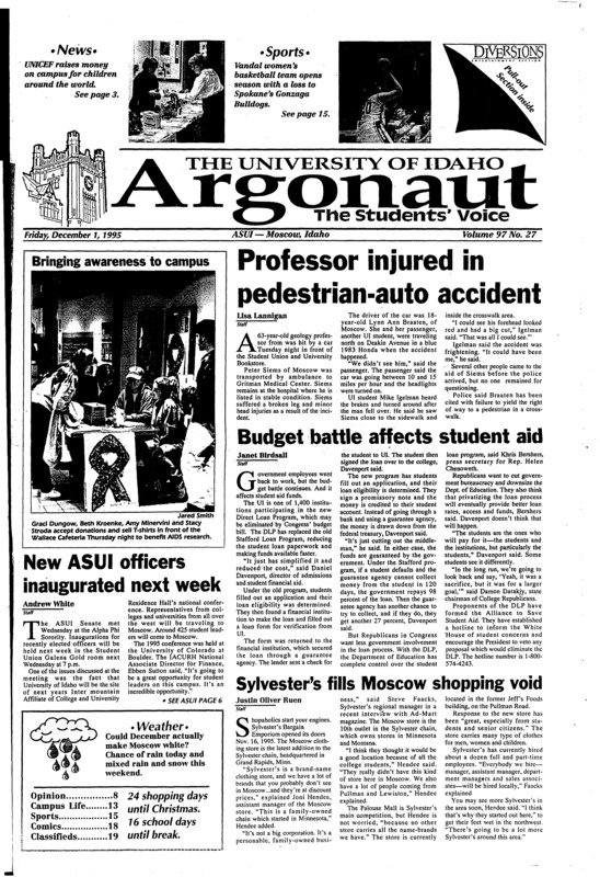 professor injured in pedestrian-auto accident; Budget battle affects student aid; New ASUI officers inaugurated next week; Sylvester's fills Moscow shopping void; UNICEF sells cards and gifts all around the world (p3); New core requirement proposed to expose diversity (p4); Jupiter probe flying silent approach (p5); UI spikers fall in NCAA tourney (p15); Zags drop Vandals in season debut (p15);