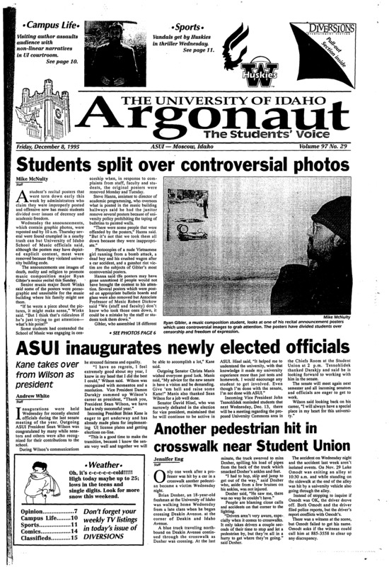 Students split over controversial photos; ASUI inaugurates newly elected officials; Kane takes over from Wilson as president; Another pedistrian hit in Crosswalk near student union; National test for teachers not required (p4); WSU researchers detect breast cancer in 3-D (p4); Vaginal infections common on UI campus (p5); Vandals send huskies packing (p11);
