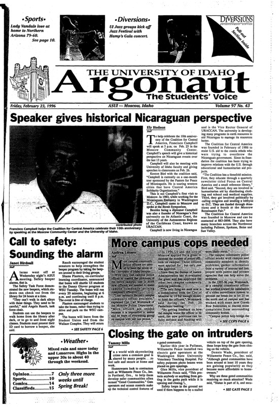 Speaker gives historical Nicaraguan perspective; Call to safety: Sounding the alarm; More campus cops needed; Closing the gate on intruders; UI, WSU Students taking longer to graduate (p3); WSU looking at four year guarantee plan (p3); HIV/AIDS task force gears up for spring (p4); Idaho goes cold against NAU (p10); Vandals lose yet another in Flagstaff (p10); Oregon native Hathaway soaring in Idaho (p12); Hamp’s gala concert kicks off Festival (p18);