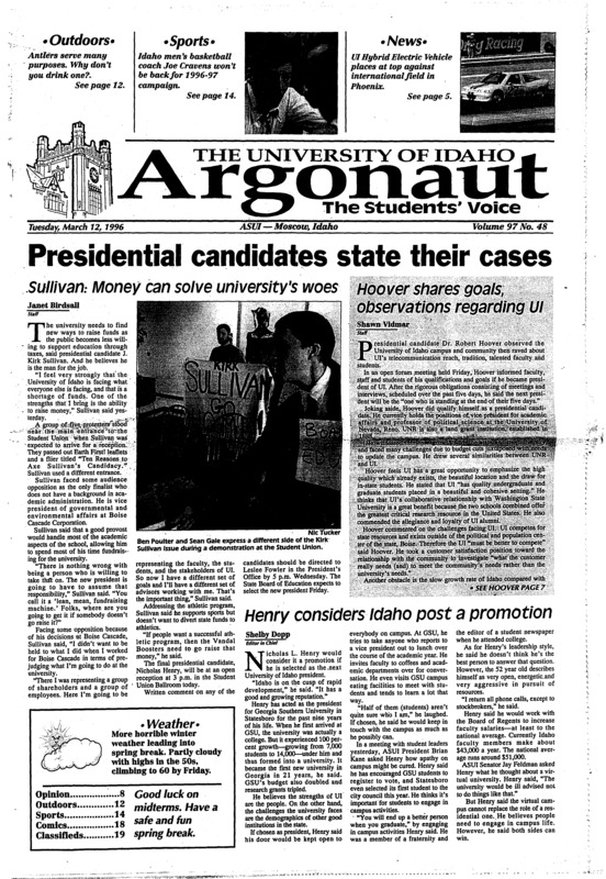 Presidential candidates state their cases; Spinning class, equipment comes to Moscow gym (p3); Stereotypes alive, strong in science fields (p4); Traveling with drugs can lead to disaster (p4); Groups espouse ‘safety first’ message for spring break (p6); Environmental group angry with Clearwater timber report (p7); Antlers can serve many functions (p12); Cravens out at Idaho (p14); Bobcats end Vandals’ season (p14);