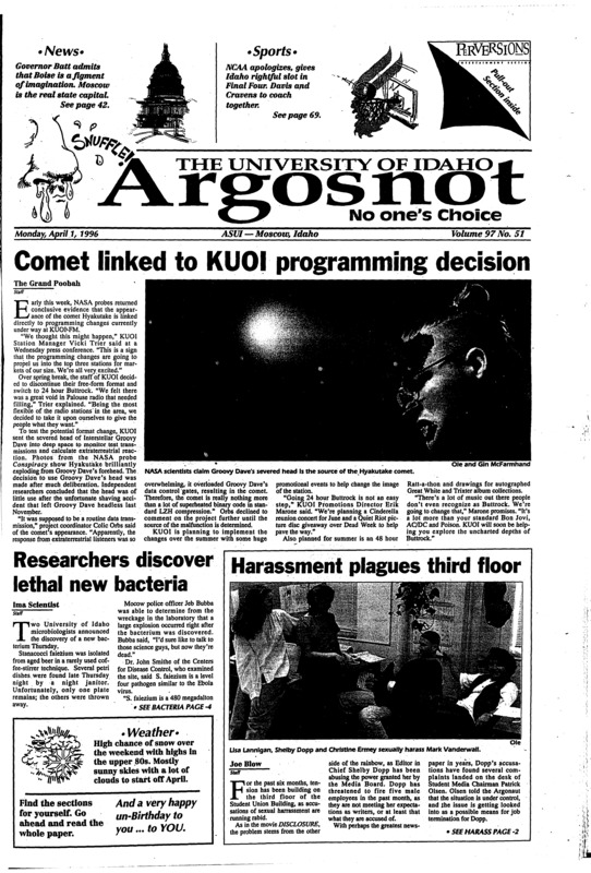 Comet linked to KUOI programming decision; Researchers discover lethal new bacteria; Harassment plagues third flood;