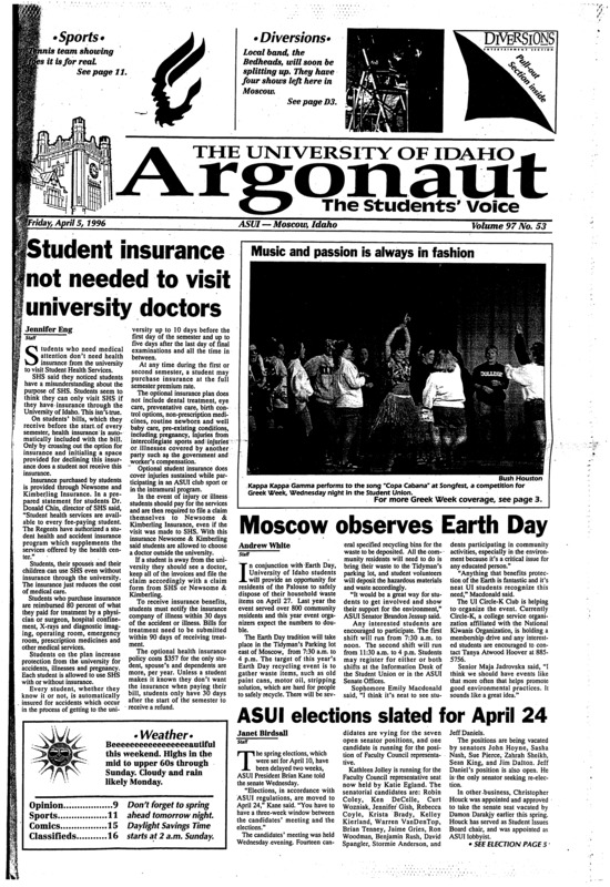 Student insurance not needed to visit university doctors; Moscow observes Earth Day; ASUI elections slated for April 24; Fraternities, sororities celebrate Greek Week (p3); Despite setbacks Galileo spacecraft finally reaches Jupiter (p3); New Vandal Cards available (p4); New women’s studies class offered this fall (p4); Fire on the Mountain: Idaho author Stan Tate (p6); Distinguished professor brings message of non-violence to UI (p8); UI Golders on par (p11); Tennis teams get respect (p11); UI ruggers only mix it up on the field (p11); Whalen’s competition in classroom (p12); What Americans take for granted is peace (p18); Foo Fighters to play Pullman (p18); Vietnam remembered through Women’s Center program (p18);