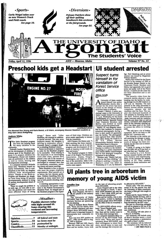 Preschool kids get a Headstart; UI student arrested; UI plants tree in arboretum in memory of young AIDS victim; Dedication to excellence pays off for Delta Tau Delta (p3); English split tabled (p3); Senate provides funds for Sexual Assault Awareness, Argonaut (p3); How much does the government know about UFOs? (p4); Awards recognize excellence in internships (p5); Weigel finds new home with Vandals (p10); Idaho men finish second (p10);