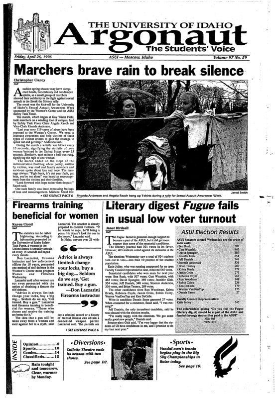 Marchers brave rain to break silence; Firearms training beneficial for women; Literary digest Fugue fails in usual low voter turnout; Senate barely approves budget (p3); DOE waste may come to Idaho (p4); Summer school offers flexible opportunities (p4); Silver and Gold celebration honors Bell (p5); Vandals head south for tourney (p10); UI women finish sixth after first round loss (p10); UI relay team on record pace (p11); Collette Theatre rounds out season (p18);