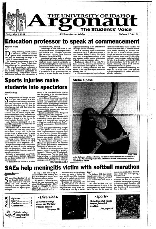 Education professor to speak at commencement; Sports injuries make students into spectators; SAEs help meningitis victim with softball marathon; RHA banquet honors students (p3); Moscow Police auction bicycles, other items (p3); Students do something educationally extraordinary (p4); Whitman County puts out a poisonous hemlock alert (p4); Idaho Cycling Club keeps competing (p13); Miller play to close Hartung season (p22); Hemp Fest poll reveals interesting statistics (p22)