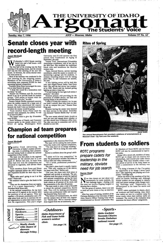 Senate closes year with record-length meeting; Champion ad team prepares for national competition; From students to soldiers; Hickory crashes campus PC labs (p3); UI online services expand (p3); Time to protect your skin from sun, cancer (p4); UI alumnus donates property to Martin Institute (p4); Moscow cyclist writes guide to Palouse trails (p15); UI Swordplay gets into swing of things (p17); Chiwira, Kamangirira shine (p17); Logger Club snags second (p19);