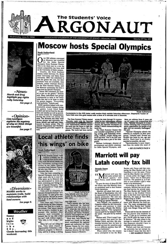 Moscow hosts Special Olympics; Local athlete finds ‘his wings’ on bike; Marriott will pay Latah county tax bill; ‘From silence to celebration’ theme for equal rights rally (p2); Parking Services restrictions eased over summer (p3); Student Health Services provides summer service (p3); Repeat offenders may find car immobilized (p3); Summer enrollment up from last year (p4); UI plans to cut timber in experimental forest (p8); Survival school being taught near Grangeville (p9);