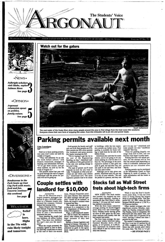 Parking permits available next month; Couple settles with landlord for $10,000; Stocks fall as Wall Street frets about high-tech firms; Fulbright scholars start semester with a splash (p3);