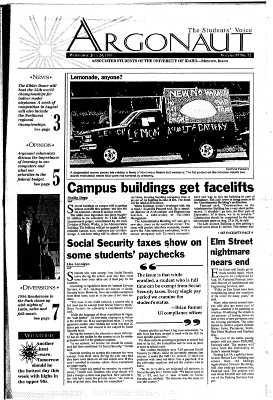 Campus buildings get facelifts; Social Security taxes show on some students’ paychecks; Elm Street nightmare nears end; Kibbie Dome site for indoor model airplane world championships (p3); Four students receive unexpected scholarships (p3); McCall hosts fourth annual Summerfest (p8);