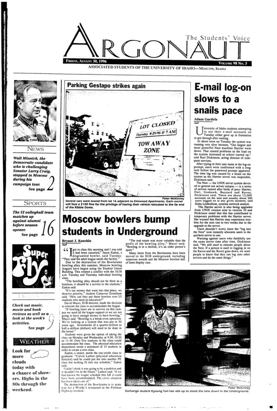 E-mail log-on slows to a snails pace; Moscow bowlers bump students in Underground; ‘Minnick for Us’ tour stops in Moscow: Senatorial candidate takes issues-based campaign on statewide bus trip (p2); New President greets faculty members (p3); Service learning program takes off (p3); Gamma Phis win national honors (p3); Pi Kappa Alpha ordered to hold dry parties (p4); Craig adoption federal tax credit made law (p5); Free computer classes aid students (p5); Vandals get I-A taste in Laramie (p12); Alumni game last practice for Vandals (p12); Search still underway: Idaho looks to hire a new athletic director by the end of September (p15); Banff, teeming with adventure (p22); Challenging the body and mind (p23)