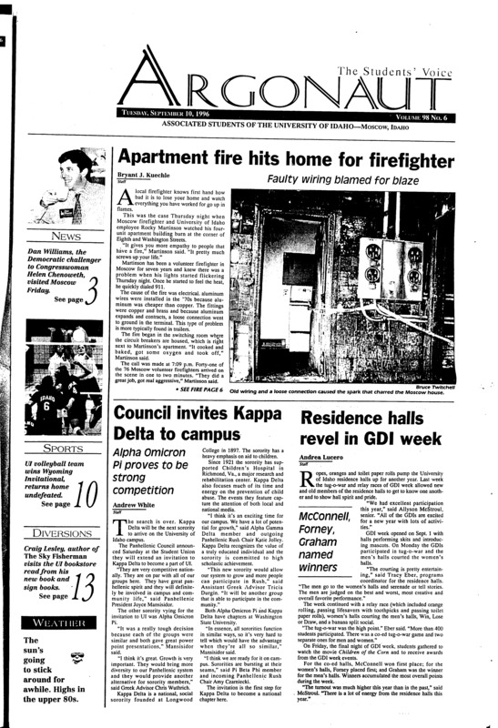 Apartment fire hits home for firefighter; Council invites Kappa Delta to campus; Residence halls revel in GDI week; ‘Education candidate’ comes to Moscow (p3); Road woes continue for Vandals (p10); Idaho wins Wyoming Invitational, improves to 6-0 (p10); Kuma Club takes IM co-ed softball title (p11);