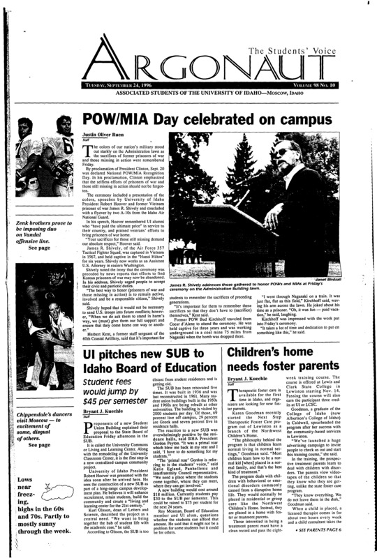 POW/MIA Day celebrated on campus; UI pitches new SUB to Idaho Board of Education; Children’s home needs foster parents; Zenk brothers big hit at Idaho (p10); Vandals drop Gonzaga, anticipate Friday;s league match (p10); UI Rugers make good showing at alumni tourney (p11); Scott gelling nicely as Vandal kicker (p12); Chippendale dancers visit Moscow (p13);