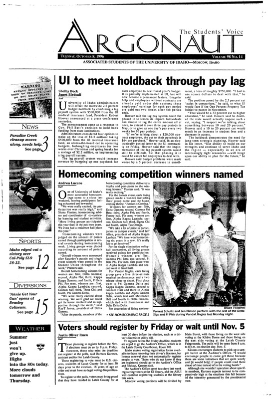 UI to meet holdback through pay lag; Homecoming competition winners named; Voters should register by Friday or wait until Nov. 5; Paradise Creek restoration moving forward, needs help (p3); Ethical obligations in music are everyone’s responsibility (p4); Alpha Gamma Rho fraternity to join UI Greek system (p5); New commons to accommodate social, academic life (p8); Idaho narrowly escapes homecoming taboo (p12); Vandals win intra-state battle (p12); Basbeall season down to four teams (p13); Clark’s double duty done with - for now (p13);