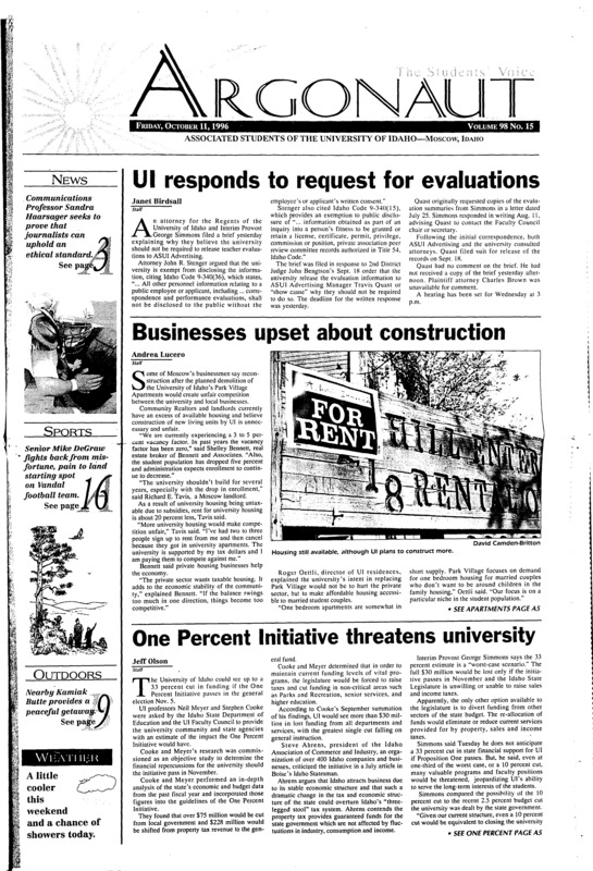 UI responds to request for evaluations; Businesses upset about construction; One Percent Initiative threatens university; Haarsager: Ethics in journalism not an oxymoron (p3); Silent disease works permanent damage (p3); Enrollment down 5 percent (p3); Senate passes health bill, urges students to vote (p4); GLBA, Retro sponsor ‘Blue Jeans Day’ (p4); Imagining Bermuda (p12); Kamiak Butte, a relaxing spot (p13); A kaleidoscope of color at Robinson Park (p13); Krulitz making most of education (p16); Vandals venture out on the Big West road (p16); DeGraw battles adversity to land starting job (p17);