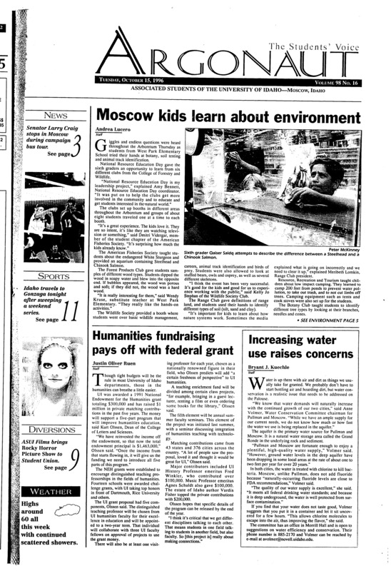 Moscow kids learn about environment; Humanities fundraising pays off with federal grant; Increasing water use raises concerns; DJs confront executives over ‘free format’ radio (p3); Students criticize Senator Craig (p3); Vandals sweep - Gonzaga tonight (p11); Idaho women place second at WSU (p11);