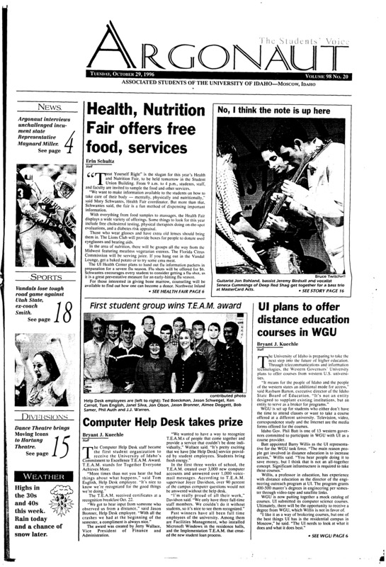 Health, Nutrition Fair offers free food, services; Computer Help Desk takes prize; UI plans to offer distance education courses in WGU; Farmers, air quality interests debate grass-field burning (p3); Student still struggling with effects of meningitis (p5); Father Schumacher teaches while learning (p10); Utah State wins thriller over Vandals (p18); Vandals split weekend series in California (p19);