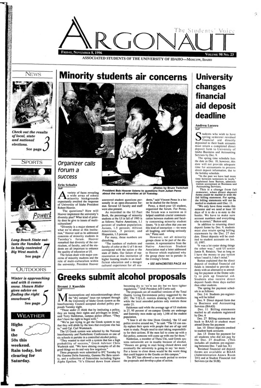 Minority students air concerns; University changes financial aid deposit deadline; Greeks submit alcohol proposals; Latah voters buck trends (p2); Republicans sweep district 5 (p3); Crouch wins sheriff post (p3); Spangler, Stauber elected county commissioners (p3); UI releases summer schedule (p4); Math students must take algebra test (p4); Vandals give gut-wrenching effort in loss (p7); Vandals look to extend home win streak (p7);