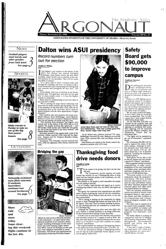 Dalton wins ASUI presidency; Safety Board gets $90,000 to improve campus; Thanksgiving food drive needs donors; Buses leave today for southern Idaho, Seattle (p2); ‘Run for Life’ continues tradition of philanthropy (p2); Winter brings reduced water rates (p3); Director gives winter parking, auto advice (p3); Vandals clean house in Utah motel (p3); Attorney general takes proactive role in ASUI (p4); ASUI Productions seeks new members (p5); Education Board approves K-12 rules (p5); WSU hosts ski swap (p13); Vandals take on Big Ten powerhouse (p16); Vandals open conference tourney (p16); Idaho vs. Boise State - what more can you say? (p16); AKL football team heads to sunny San Diego (p18);