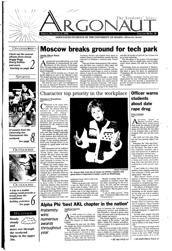 Photo (pg 4, c1). Moscow breaks ground for tech park; Character top priority in the workplace; Officer warns students about date rape drug; Chipman Palouse Trail needs funds (p3); President, senators bid farewell (p3); 3-1 Vandals ready for tough weekend (p8); Huskies avenge last year’s loss to Vandals (p8); AKLs place third in San Diego (p9); Happiness is no tan lines (p18);
