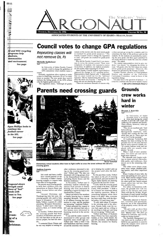 Council votes to change GPA regulations; Parents need crossing guards; Grounds crew works hard in winter; Latah County invests in drug resistance program (p2); Recycling project needs volunteers, reusable goods (p3); Espresso server likes job, hates coffee (p5); Religious professor teaches variety of views (p8); Vandals get swept in own tourney (p15); Idaho pulverizes Simon Fraser 95-50 (p15); Phillips looks to follow road to pros (p16);