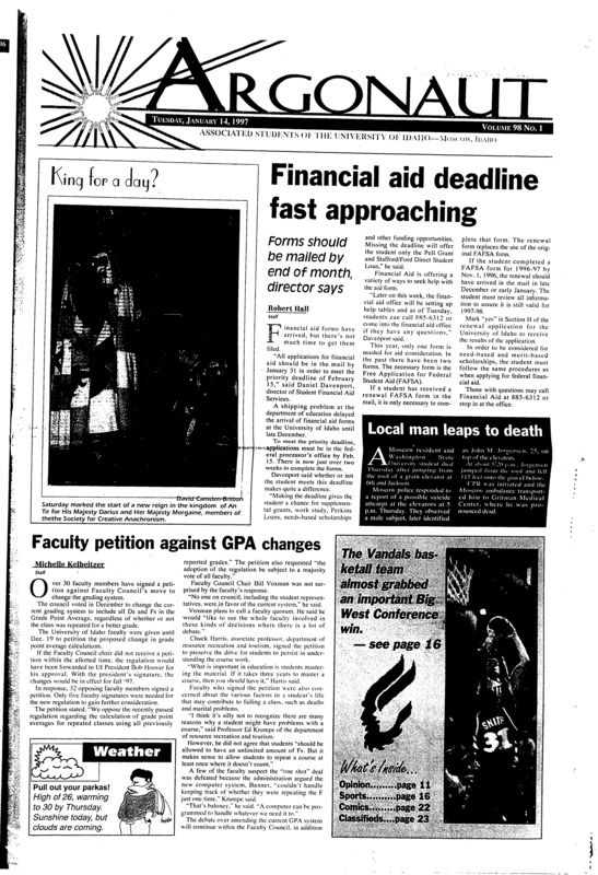 Financial aid deadline fast approaching: Forms should be mailed by end of month, director says; Local man leaps to death; Faculty petition against GPA changes; Clinton asks to delay harrassment suit (p8); D'Amato Nazi gold shipped to Spain (p9); Player finds deafness an advantage in b-ball court (p20)