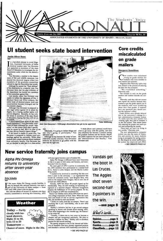 Ul student seeks state board intervention; Core credits miscalculated on grade mailers; New service fraternity joins campus: Alpha Phi Omega returns to university after seven-year absence; Hebron agreement shows Netanyahu supports peace process (p7); Vandals raked by Aggie scoring machine (p8); Vandal women persevere (p9)