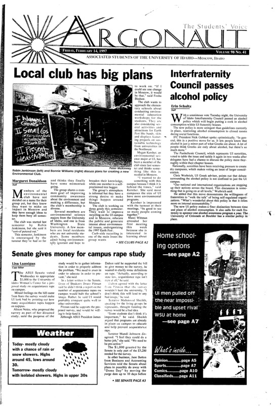 Local club has big plans; Interfraternity Council passes alcohol policy; Senate gives money for campus rape study; Heavy traffic moves commons project forward (p4); It's time for the Vandal Indoor Invitational (p8)