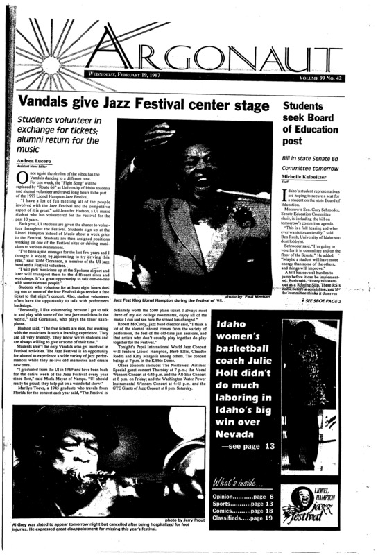 Vandals give jazz Festival center stage: Students volunteer in exchange for tickets, alumni return for the music; Students seek Board of Education post: Bill in state Senate Ed Committee tomorrow; GPA rule change to begin fall '98 (p2); Vibraphone king Lionel Hampton- a brief history (p3); Ul date rape survey to target education (p4); UI considers cutting 57 more jobs (p4); Opinion Special: Sen. Kempthorne: US Senator, UI alum speaks on endangered species, Idaho politics, education (p8)